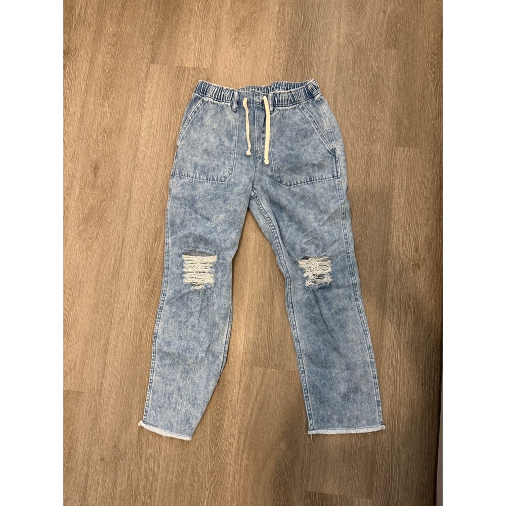 So Me Drawstring Boyfriend Relaxed Light Blue Denim Jeans - Medium